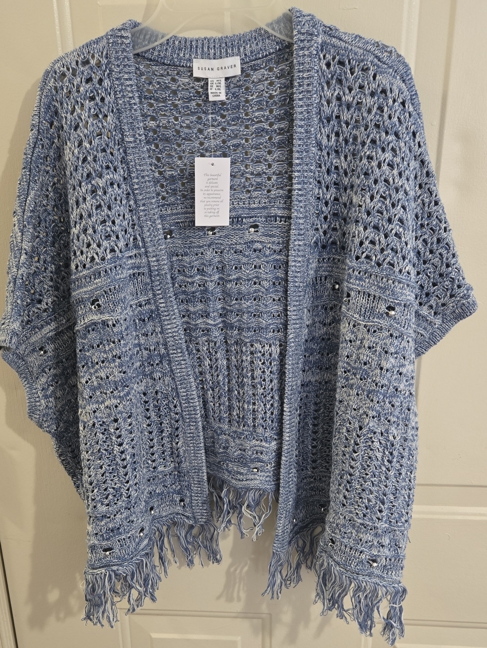 NWT Susan Graver Blue Beaded Open Knit Fringe Cardigan Kimono M/L Western Boho